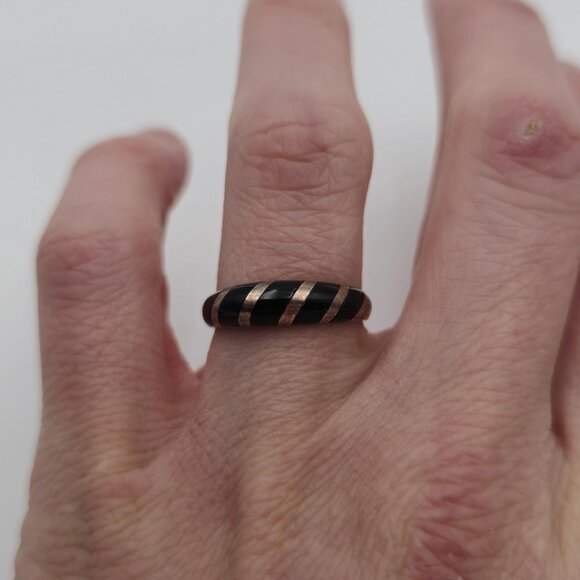 Size 7 Silver And Copper Tone Black Inlay Ring A3039 - Picture 3 of 7